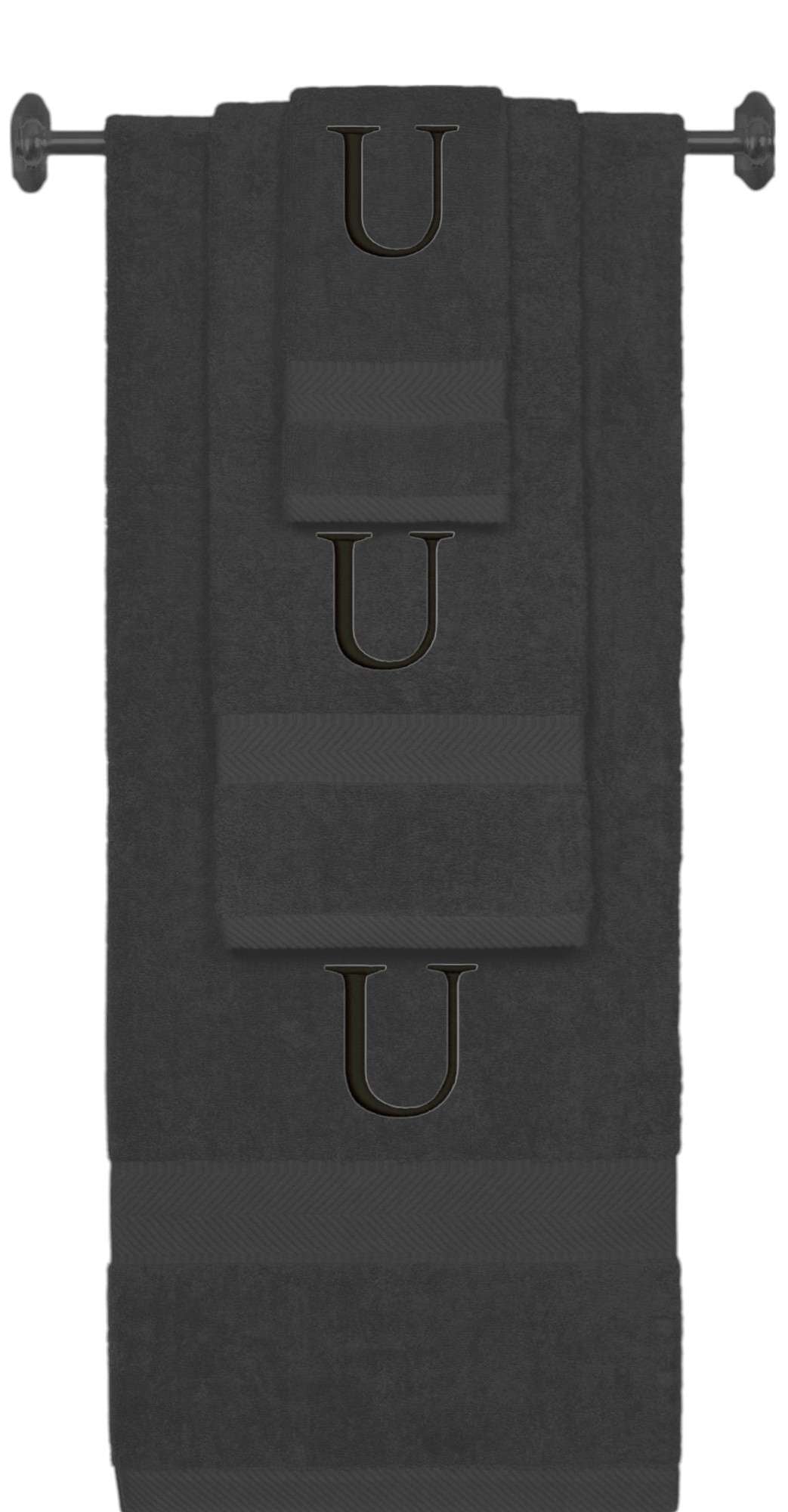 Charcoal monogrammed towel set with Black thread, Times New Roman font, initial U - 540 GSM cotton 3-piece