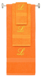 Orange monogrammed towel set with Gold thread, Diana Script font, initial L - 540 GSM cotton 3-piece