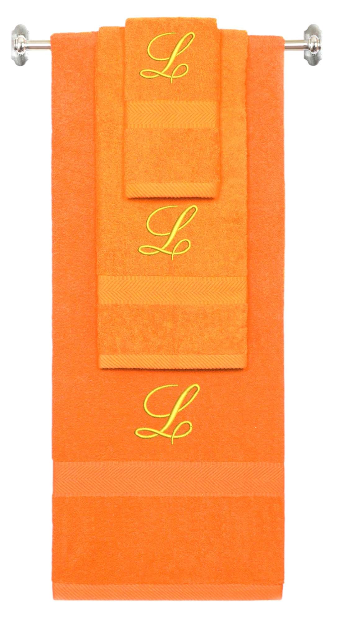 Orange monogrammed towel set with Gold thread, Diana Script font, initial L - 540 GSM cotton 3-piece