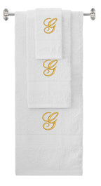 White monogrammed towel set with Gold thread, Diana Script font, initial G - 540 GSM cotton 3-piece
