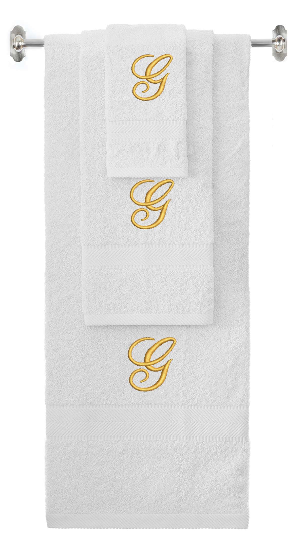 White monogrammed towel set with Gold thread, Diana Script font, initial G - 540 GSM cotton 3-piece