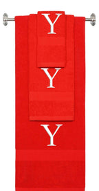 Red monogrammed towel set with White thread, Times New Roman font, initial Y - 540 GSM cotton 3-piece