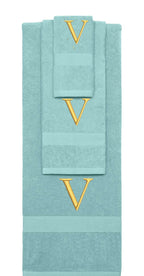 Nautical Teal monogrammed towel set with Gold thread, Times New Roman font, initial V - 540 GSM cotton 3-piece