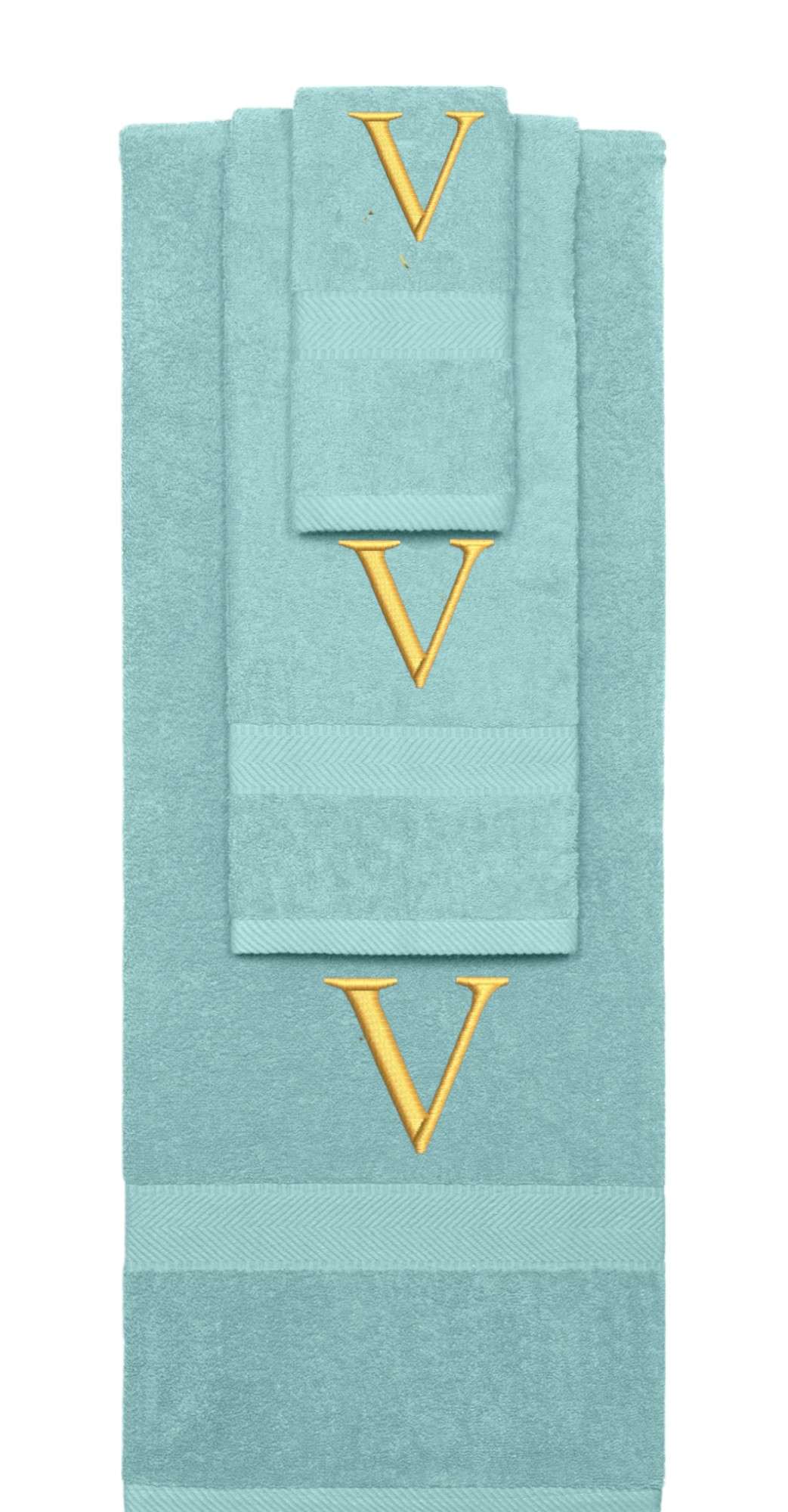 Nautical Teal monogrammed towel set with Gold thread, Times New Roman font, initial V - 540 GSM cotton 3-piece