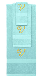 Nautical Teal monogrammed towel set with Gold thread, Diana Script font, initial V - 540 GSM cotton 3-piece
