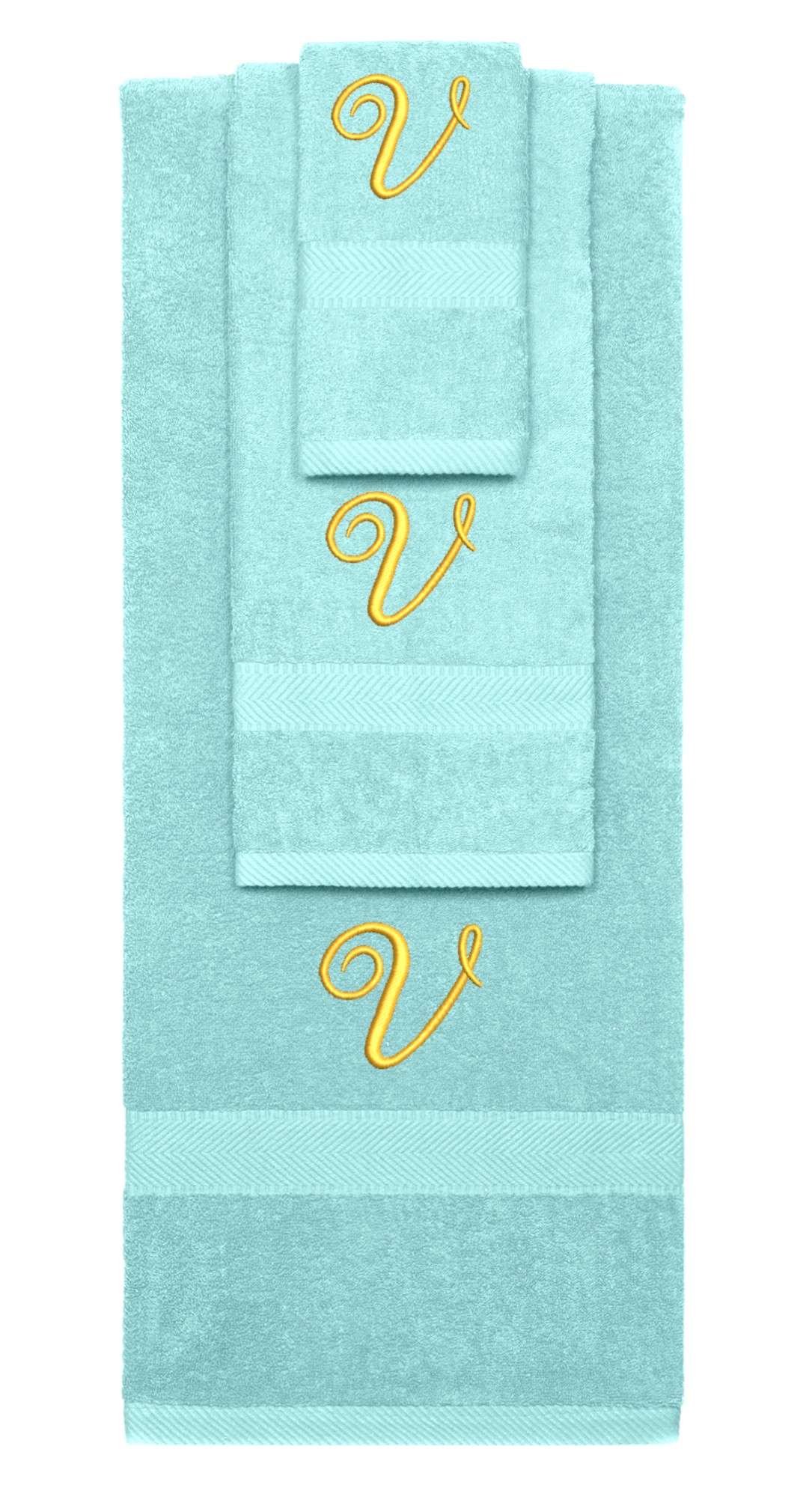 Nautical Teal monogrammed towel set with Gold thread, Diana Script font, initial V - 540 GSM cotton 3-piece
