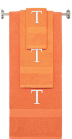 Orange monogrammed towel set with White thread, Times New Roman font, initial T - 540 GSM cotton 3-piece