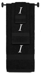 Black monogrammed towel set with White thread, Chancery font, initial I - 540 GSM cotton 3-piece