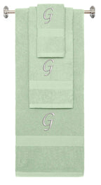 Mint Green monogrammed towel set with Silver thread, Chancery font, initial G - 540 GSM cotton 3-piece