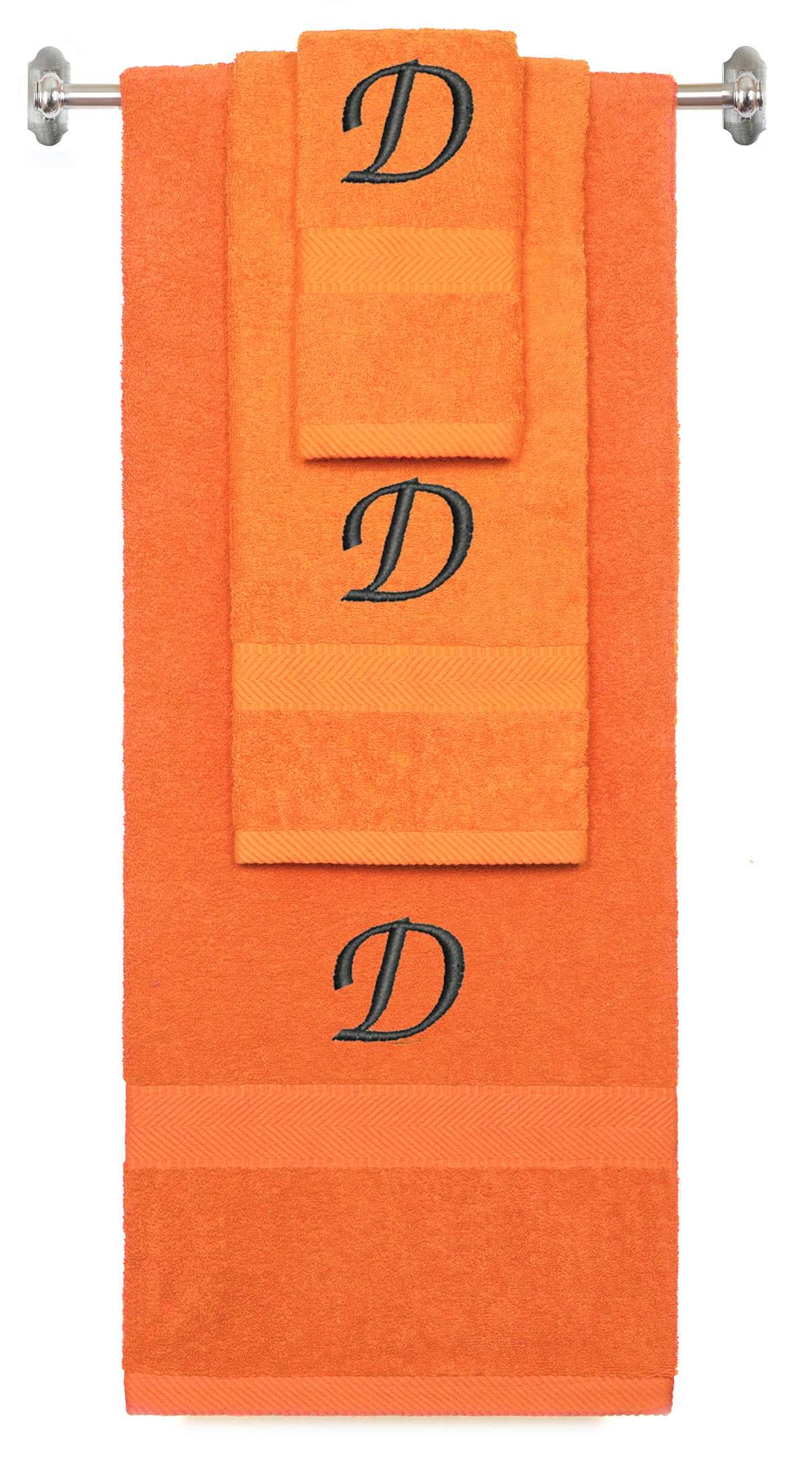 Orange monogrammed towel set with Black thread, Chancery font, initial D - 540 GSM cotton 3-piece