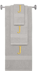 Silver monogrammed towel set with Gold thread, Times New Roman font, initial J - 540 GSM cotton 3-piece