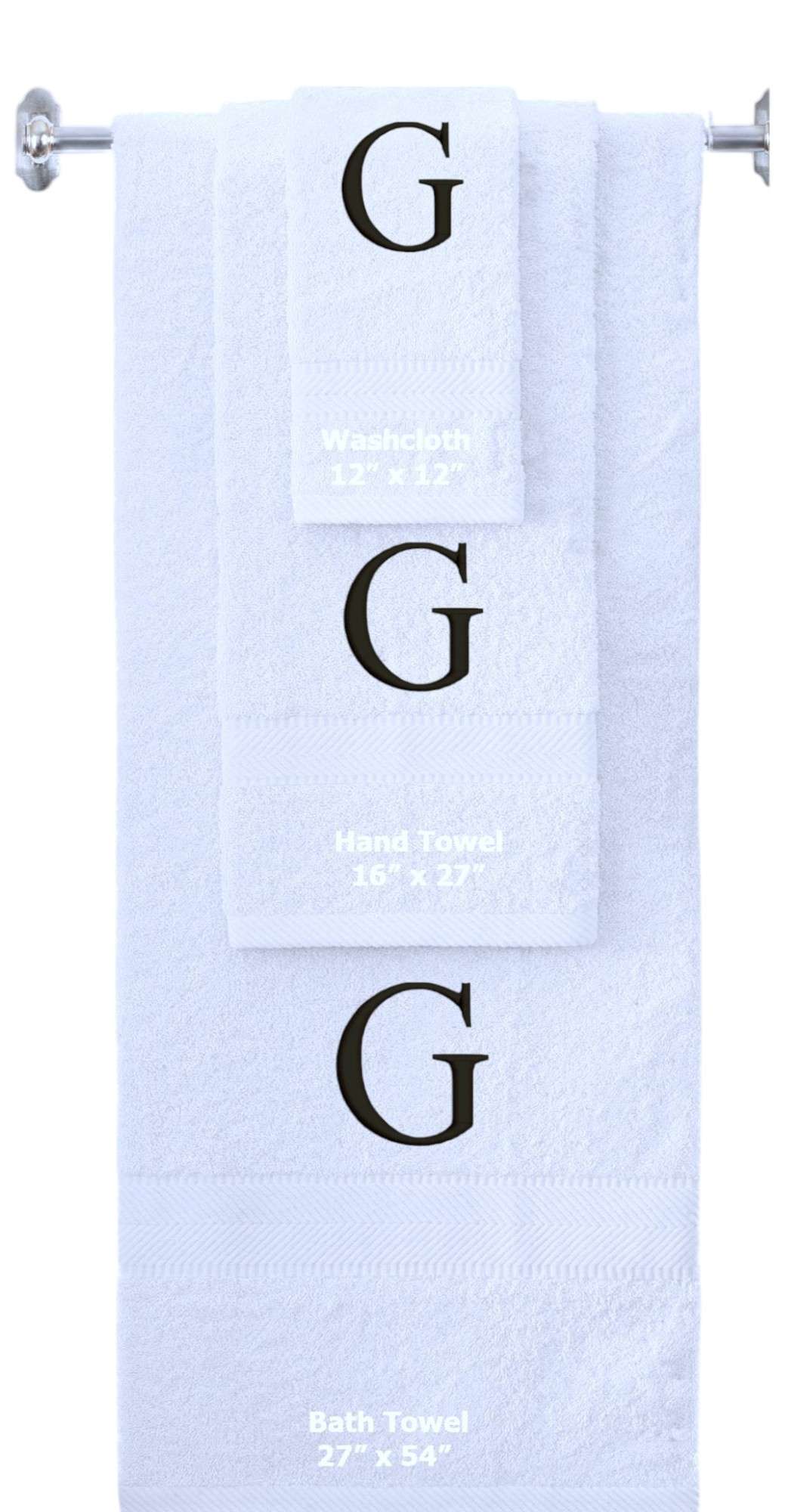 White monogrammed towel set with Black thread, Times New Roman font, initial G - 540 GSM cotton 3-piece