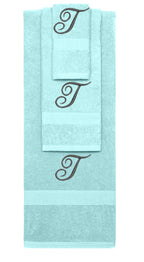 Nautical Teal monogrammed towel set with Black thread, Diana Script font, initial T - 540 GSM cotton 3-piece