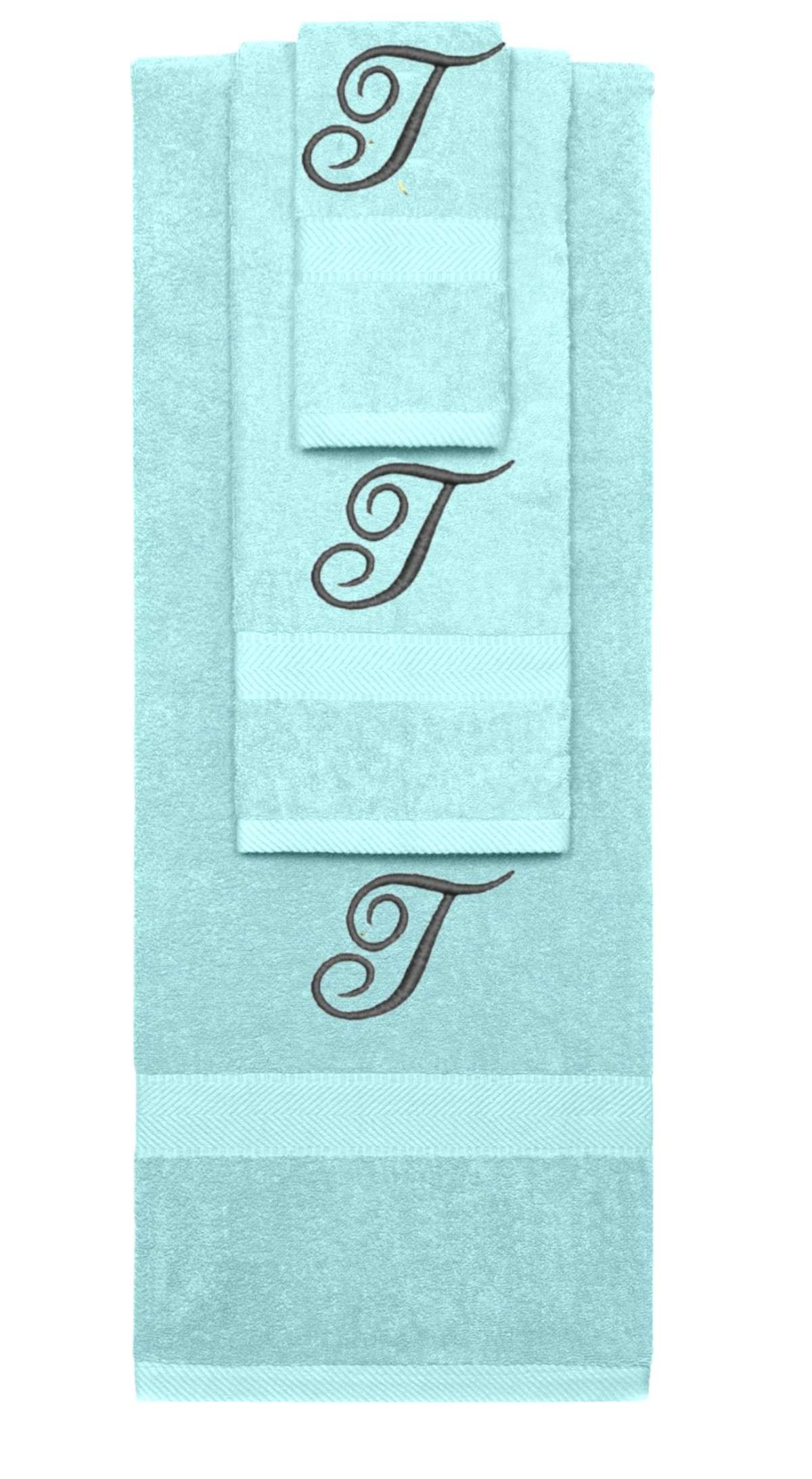 Nautical Teal monogrammed towel set with Black thread, Diana Script font, initial T - 540 GSM cotton 3-piece