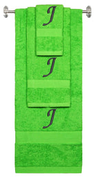 Lime monogrammed towel set with Black thread, Chancery font, initial J - 540 GSM cotton 3-piece