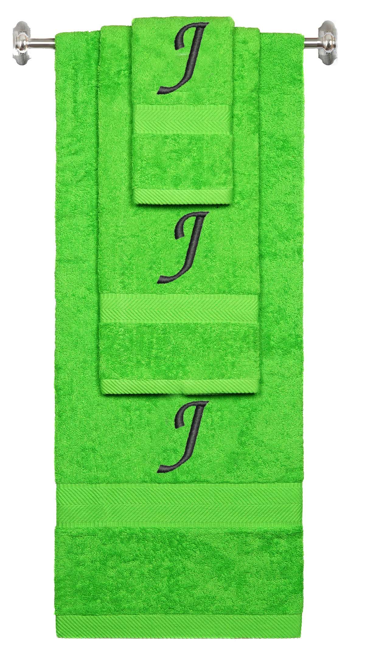 Lime monogrammed towel set with Black thread, Chancery font, initial J - 540 GSM cotton 3-piece