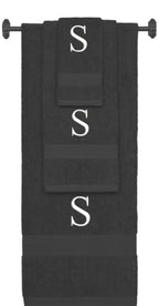 Charcoal monogrammed towel set with White thread, Times New Roman font, initial S - 540 GSM cotton 3-piece