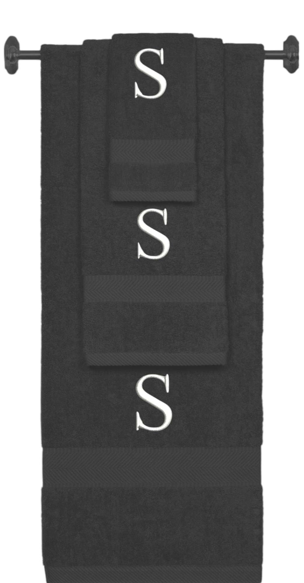 Charcoal monogrammed towel set with White thread, Times New Roman font, initial S - 540 GSM cotton 3-piece