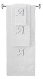 White monogrammed towel set with Silver thread, Chancery font, initial A - 540 GSM cotton 3-piece