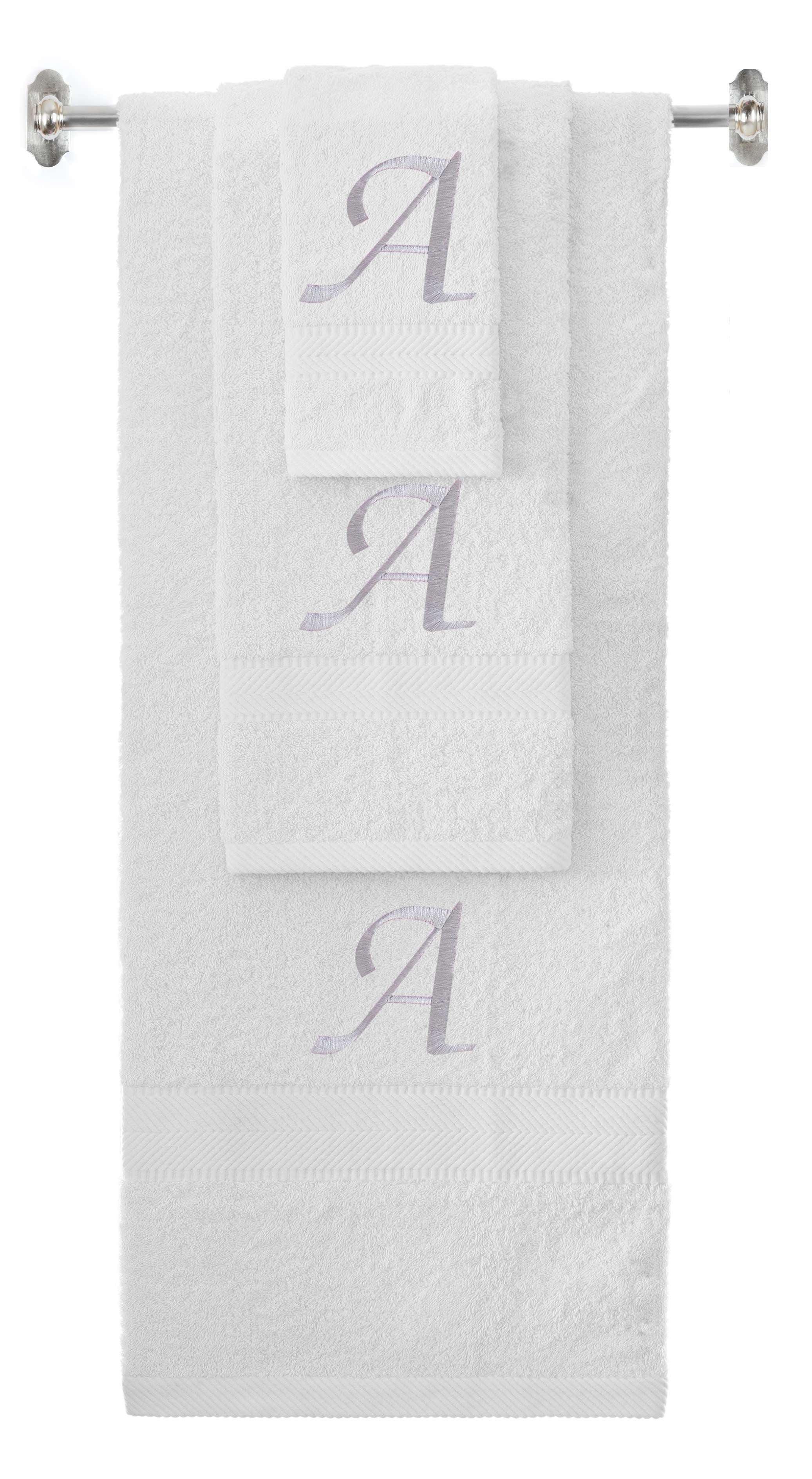 White monogrammed towel set with Silver thread, Chancery font, initial A - 540 GSM cotton 3-piece