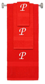 Red monogrammed towel set with White thread, Chancery font, initial P - 540 GSM cotton 3-piece
