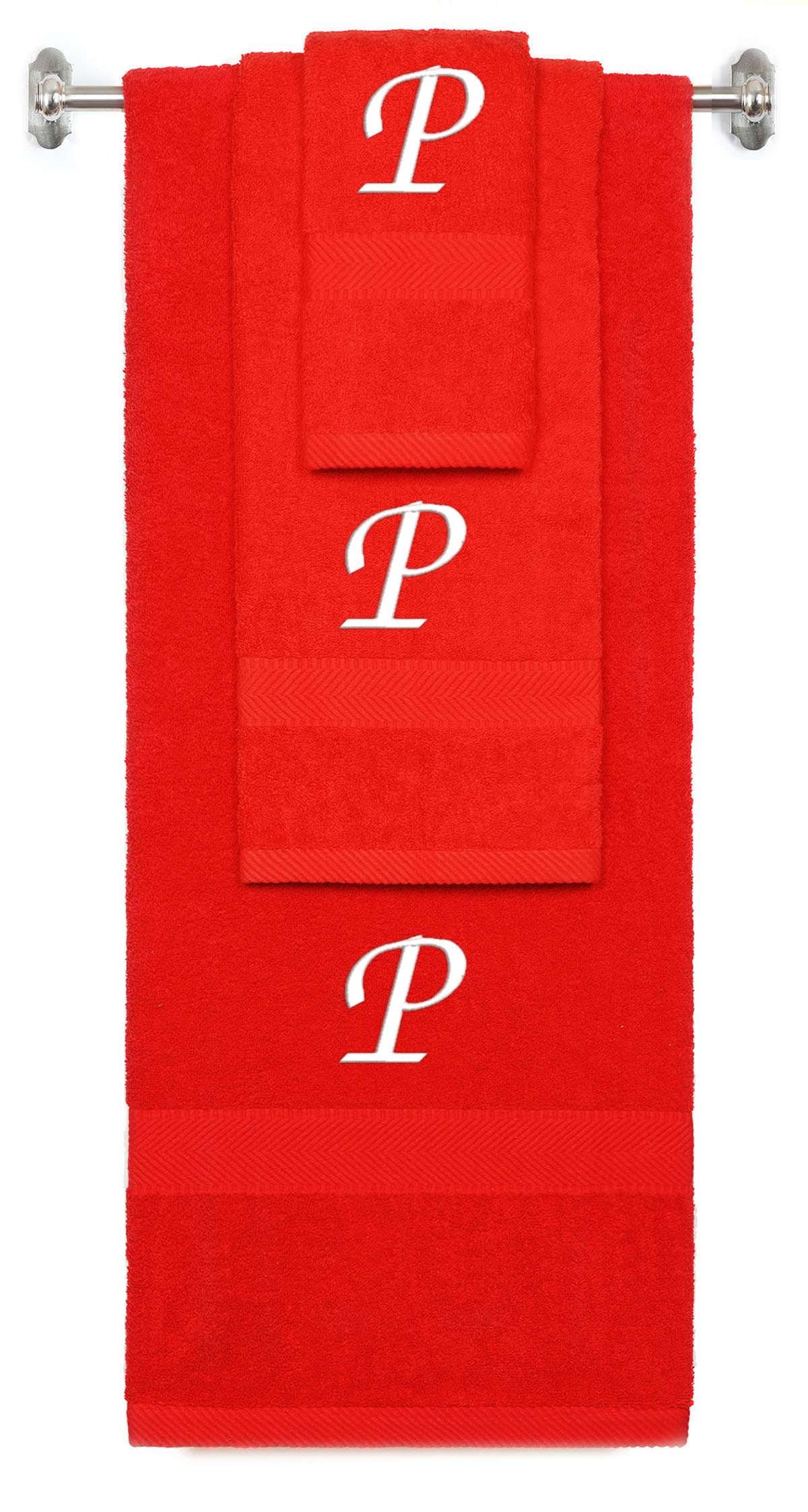 Red monogrammed towel set with White thread, Chancery font, initial P - 540 GSM cotton 3-piece