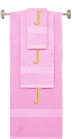 Pink monogrammed towel set with Silver thread, Times New Roman font, initial J - 540 GSM cotton 3-piece