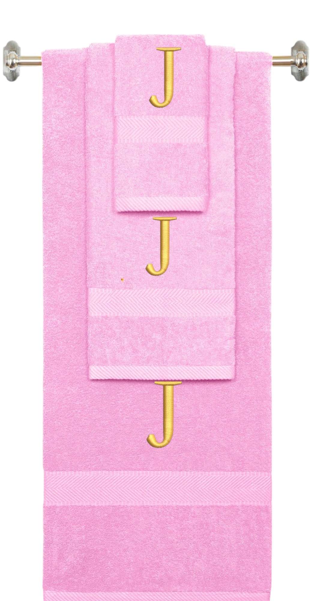 Pink monogrammed towel set with Silver thread, Times New Roman font, initial J - 540 GSM cotton 3-piece