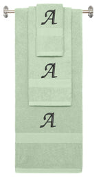 Mint Green monogrammed towel set with Black thread, Chancery font, initial A - 540 GSM cotton 3-piece