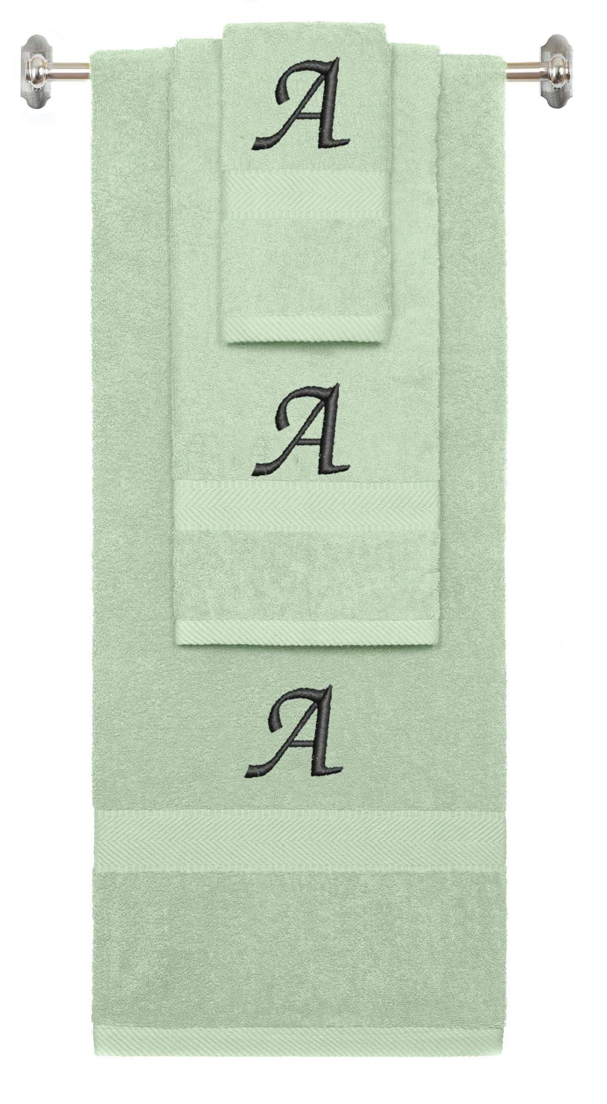 Mint Green monogrammed towel set with Black thread, Chancery font, initial A - 540 GSM cotton 3-piece