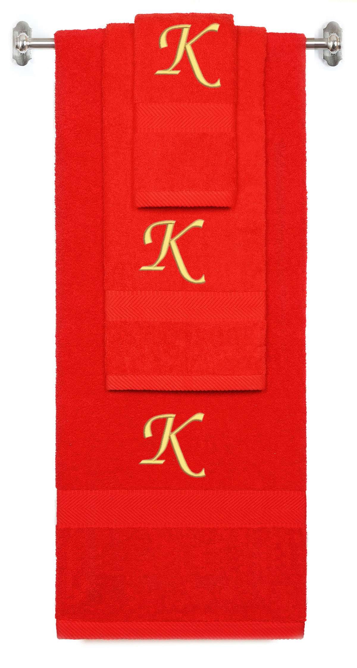 Red monogrammed towel set with Gold thread, Chancery font, initial K - 540 GSM cotton 3-piece
