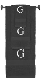 Charcoal monogrammed towel set with Silver thread, Times New Roman font, initial G - 540 GSM cotton 3-piece