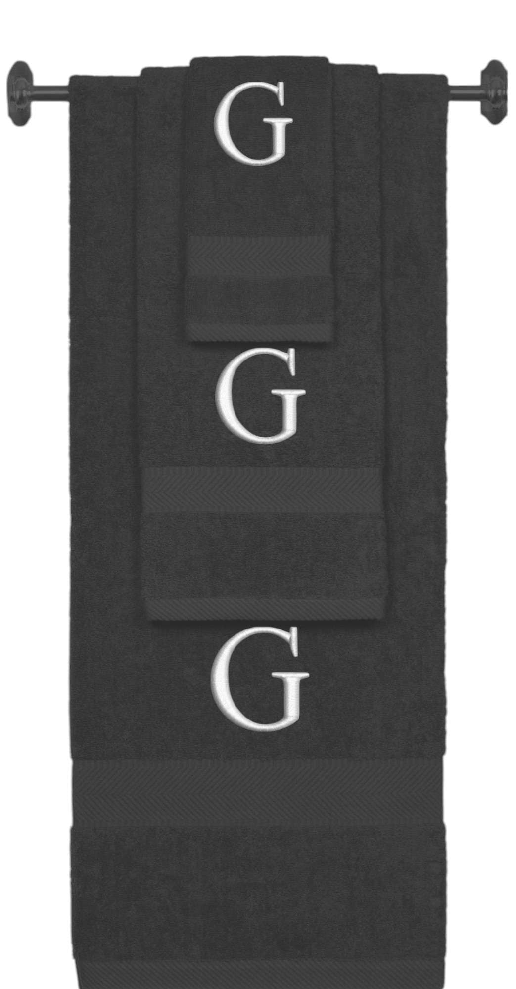Charcoal monogrammed towel set with Silver thread, Times New Roman font, initial G - 540 GSM cotton 3-piece