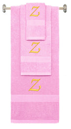 Pink monogrammed towel set with Gold thread, Chancery font, initial Z - 540 GSM cotton 3-piece