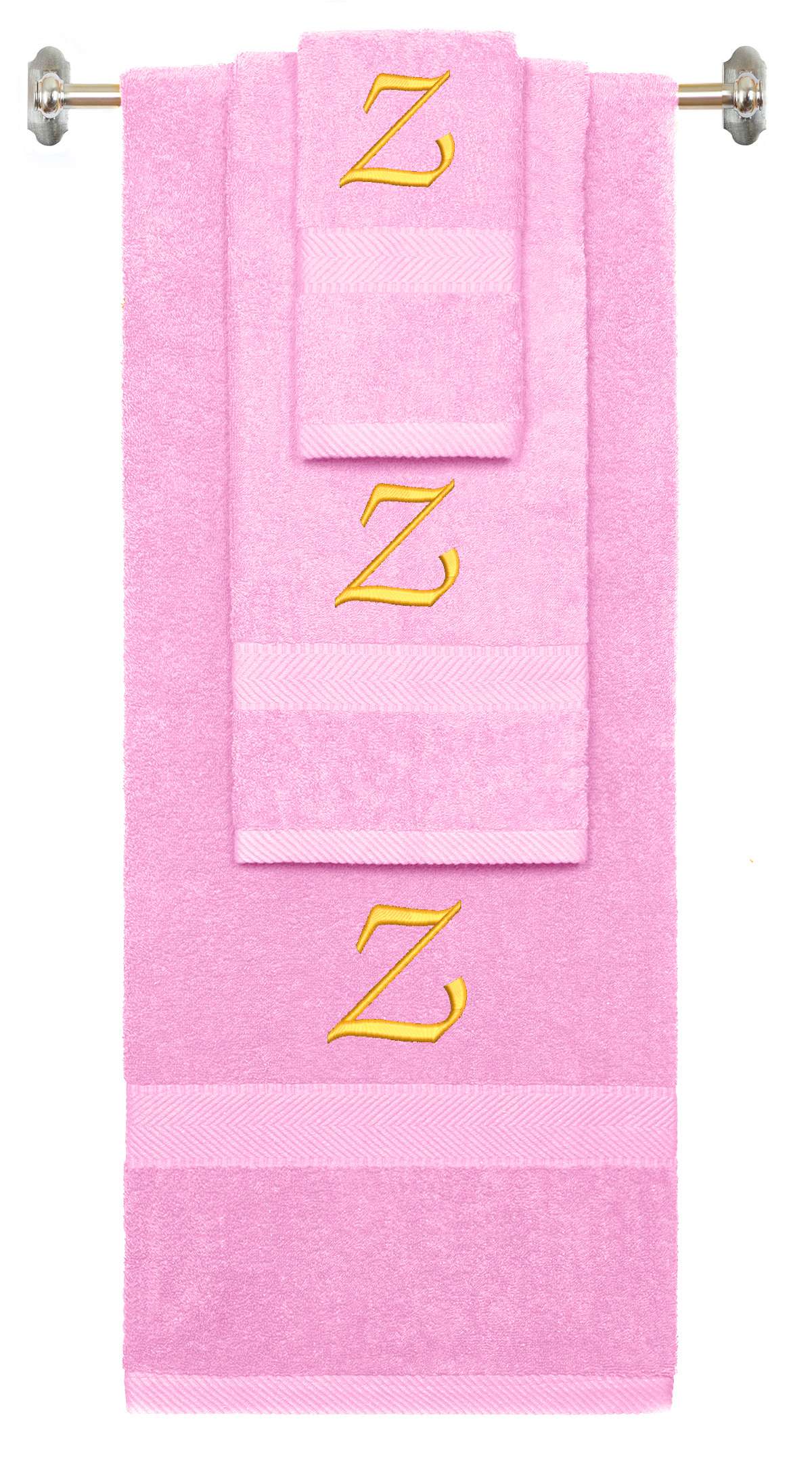 Pink monogrammed towel set with Gold thread, Chancery font, initial Z - 540 GSM cotton 3-piece