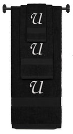 Black monogrammed towel set with Silver thread, Chancery font, initial U - 540 GSM cotton 3-piece