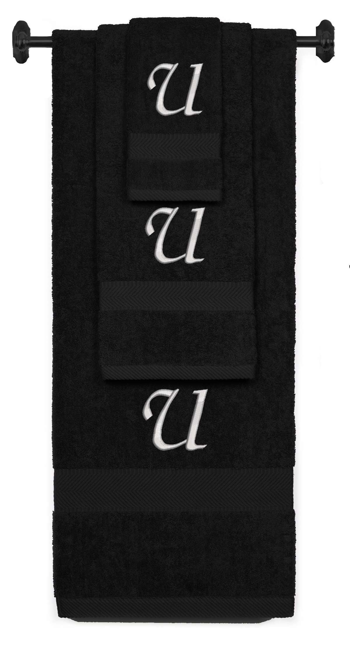 Black monogrammed towel set with Silver thread, Chancery font, initial U - 540 GSM cotton 3-piece